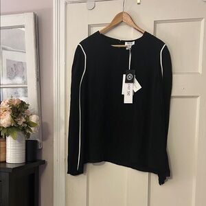 Per Se Black 100% Silk Blouse with White Trim